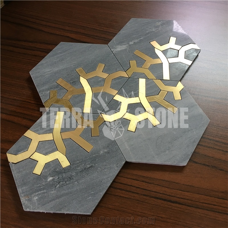 Gray Marble Hexagon Mosaic Water Jet With Brass Tile
