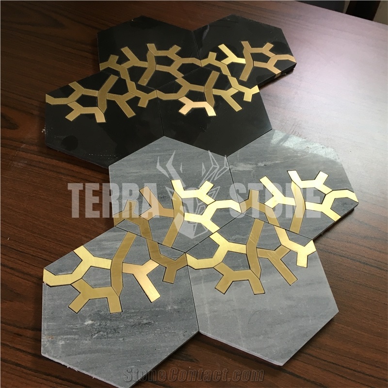 Gray Marble Hexagon Mosaic Water Jet With Brass Tile