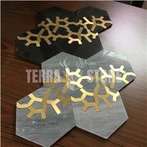 Gray Marble Hexagon Mosaic Water Jet With Brass Tile