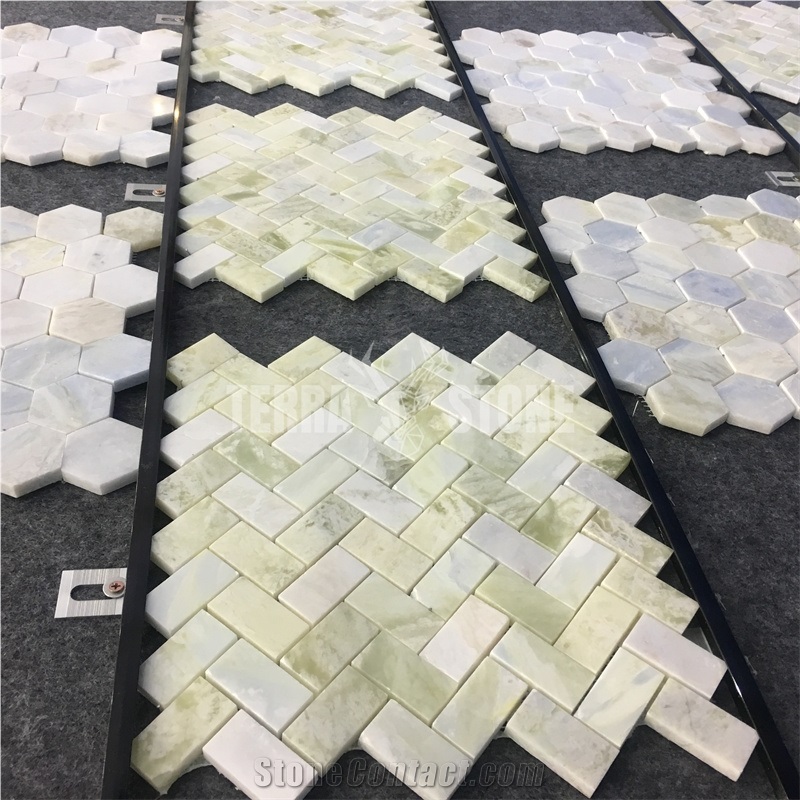 Green Blue Marble Mosaic Hexagon And Herringbone Pattern