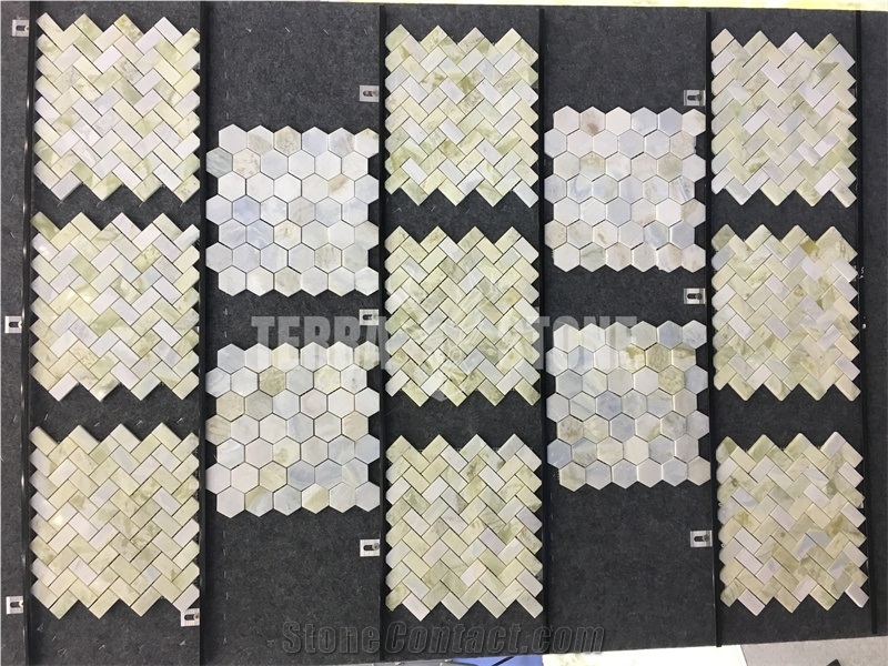 Green Blue Marble Mosaic Hexagon And Herringbone Pattern
