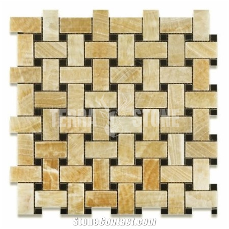 Honey Onyx Mosaic Tile Basketweave With Black Dots