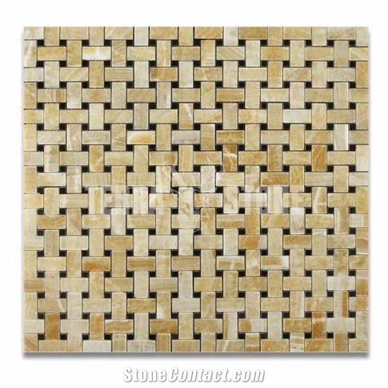 Honey Onyx Mosaic Tile Basketweave With Black Dots
