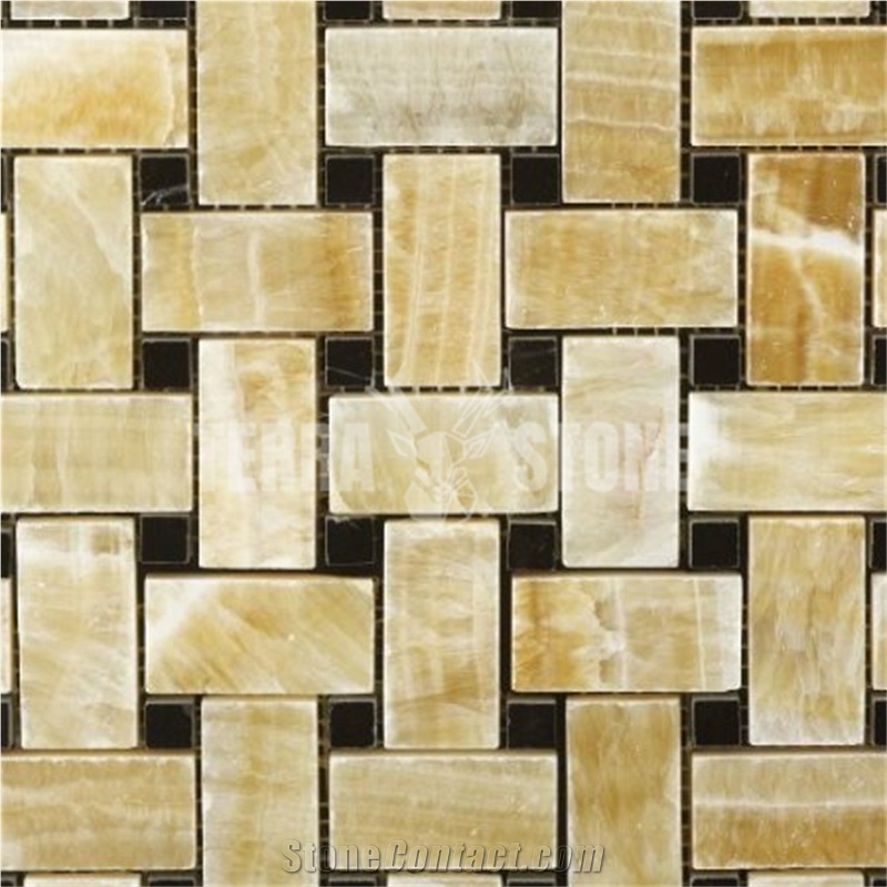 Honey Onyx Mosaic Tile Basketweave With Black Dots