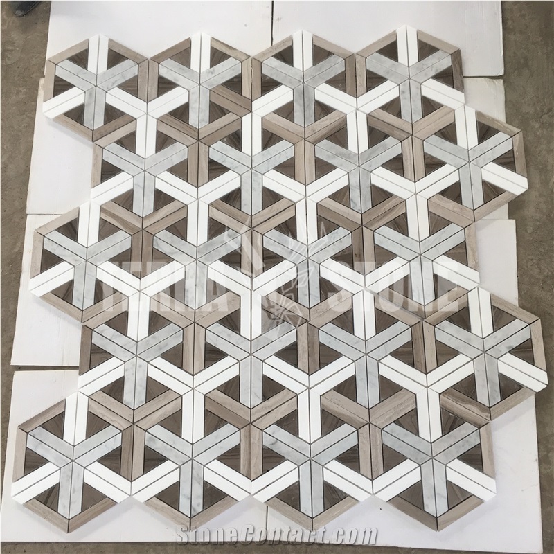 Hot Selling Carrara White New Waterjet Pattern Marble Mosaic