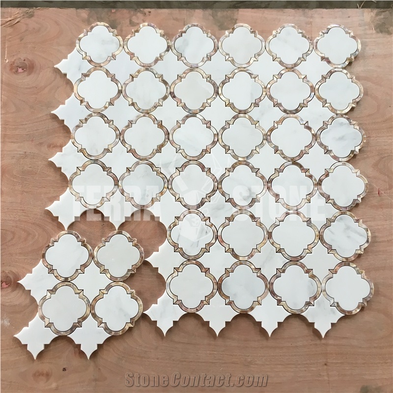 Lantern Mosaic Waterjet Oriental White Marble Pearl Shell