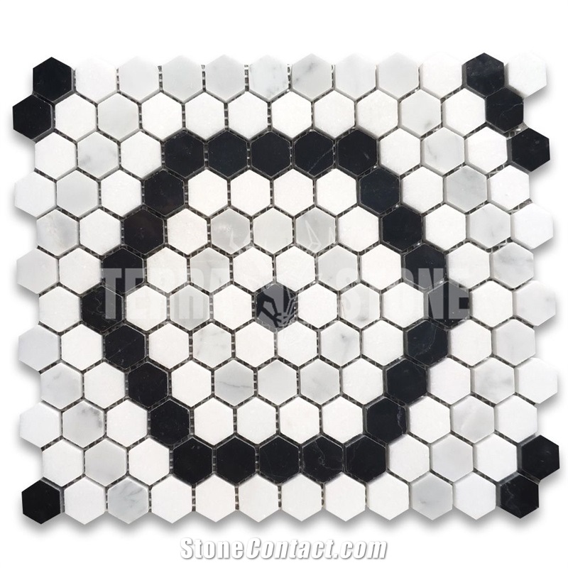 Marble Hexagon Riverside Drive Mosaic Tile White Black