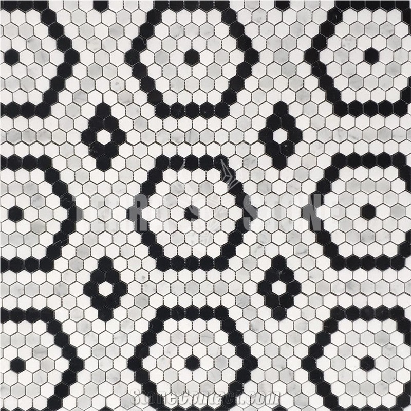 Marble Hexagon Riverside Drive Mosaic Tile White Black