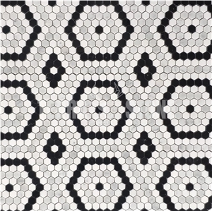 Marble Hexagon Riverside Drive Mosaic Tile White Black