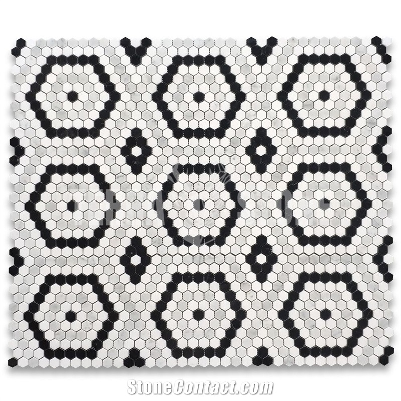 Marble Hexagon Riverside Drive Mosaic Tile White Black