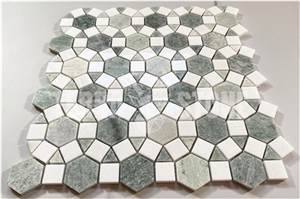 Marble Hexagon Sunflower Waterjet Mosaic Tile Ming Green