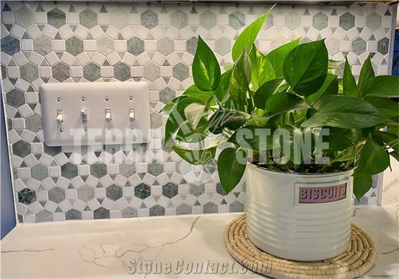 Marble Hexagon Sunflower Waterjet Mosaic Tile Ming Green