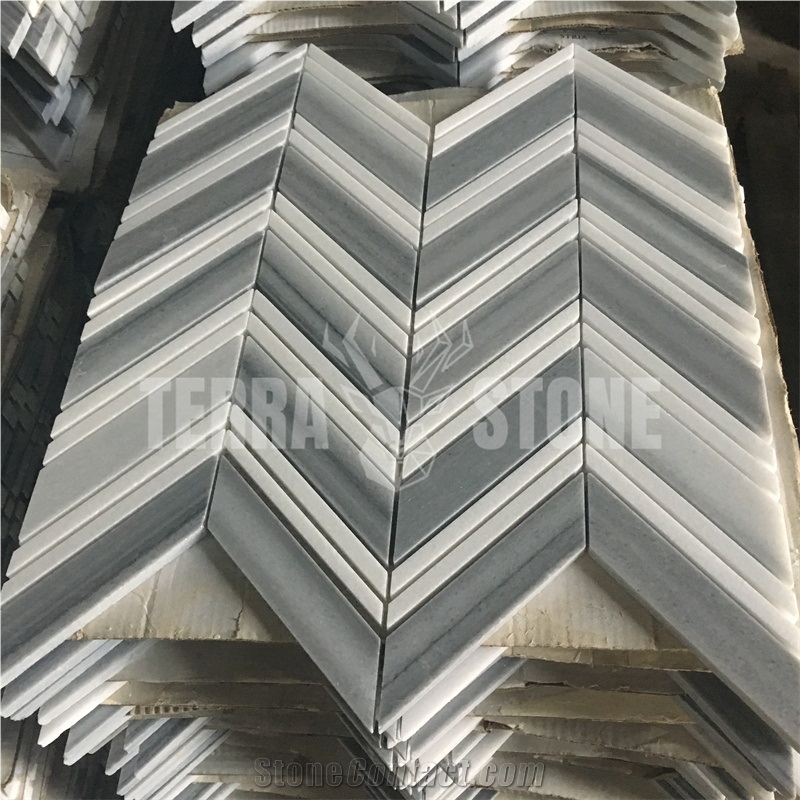 Marmara And Thassos White Marble Mosaic Chevron Tile