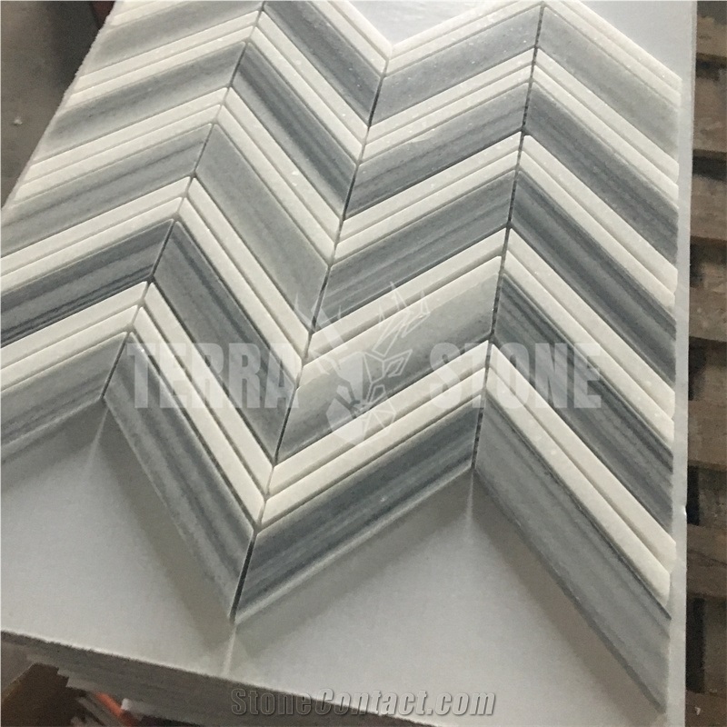 Marmara And Thassos White Marble Mosaic Chevron Tile