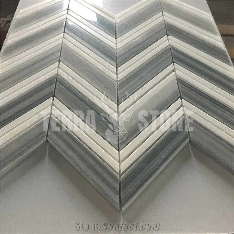 Marmara And Thassos White Marble Mosaic Chevron Tile