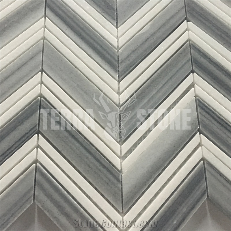 Marmara And Thassos White Marble Mosaic Chevron Tile