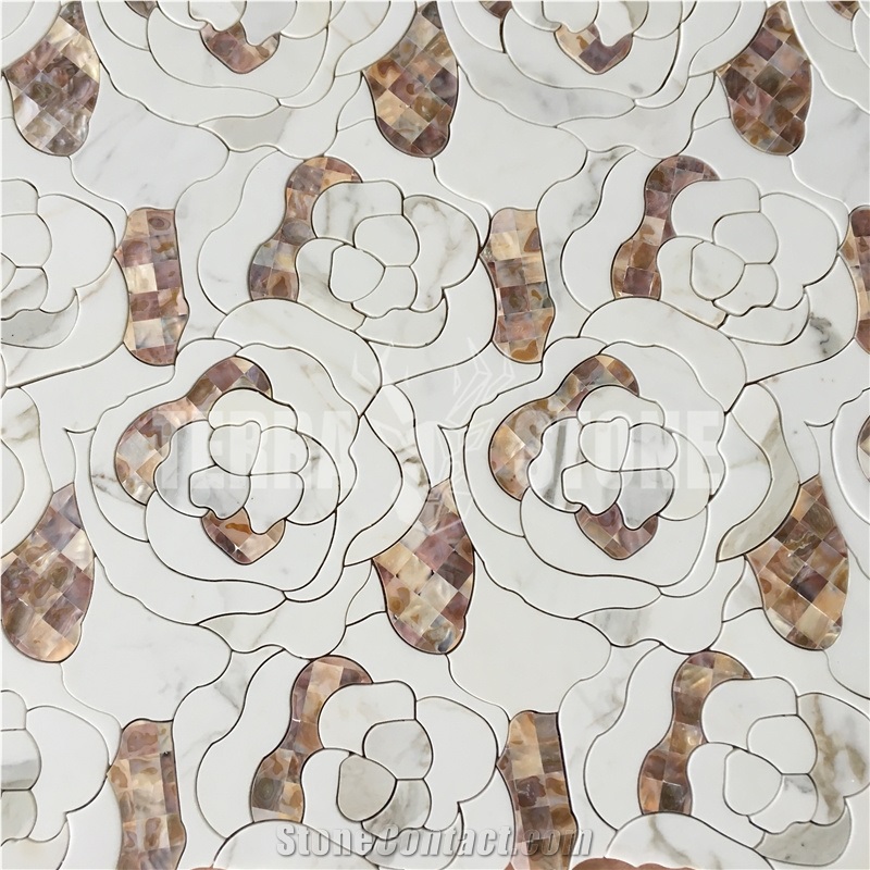 Mother Of Pearl Shell Marble Mosaic Waterjet Floral Tile