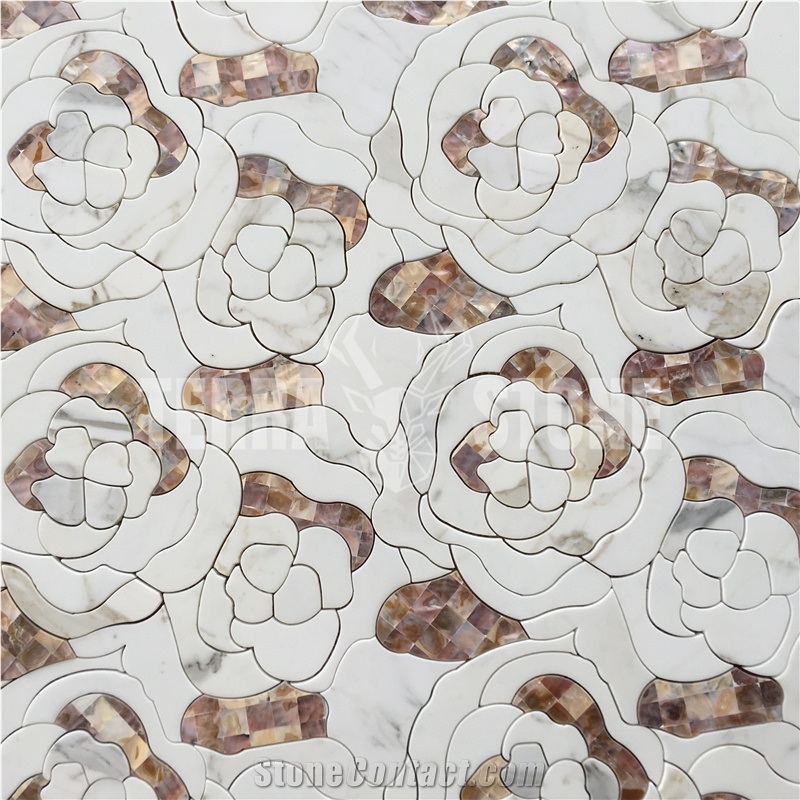 Mother Of Pearl Shell Marble Mosaic Waterjet Floral Tile