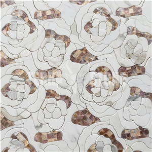 Mother Of Pearl Shell Marble Mosaic Waterjet Floral Tile