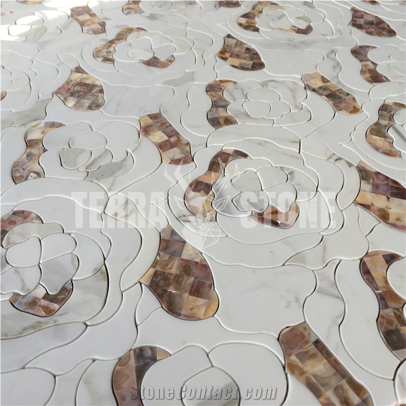 Mother Of Pearl Shell Marble Mosaic Waterjet Floral Tile