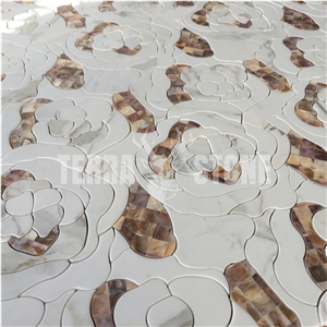 Mother Of Pearl Shell Marble Mosaic Waterjet Floral Tile