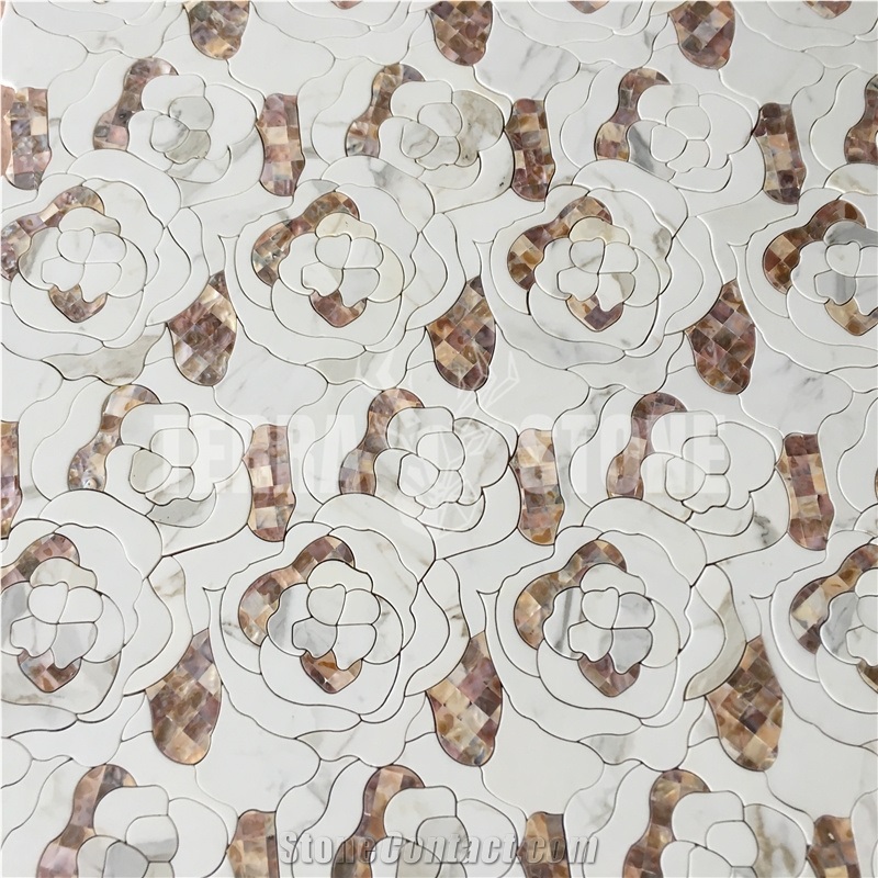 Mother Of Pearl Shell Marble Mosaic Waterjet Floral Tile