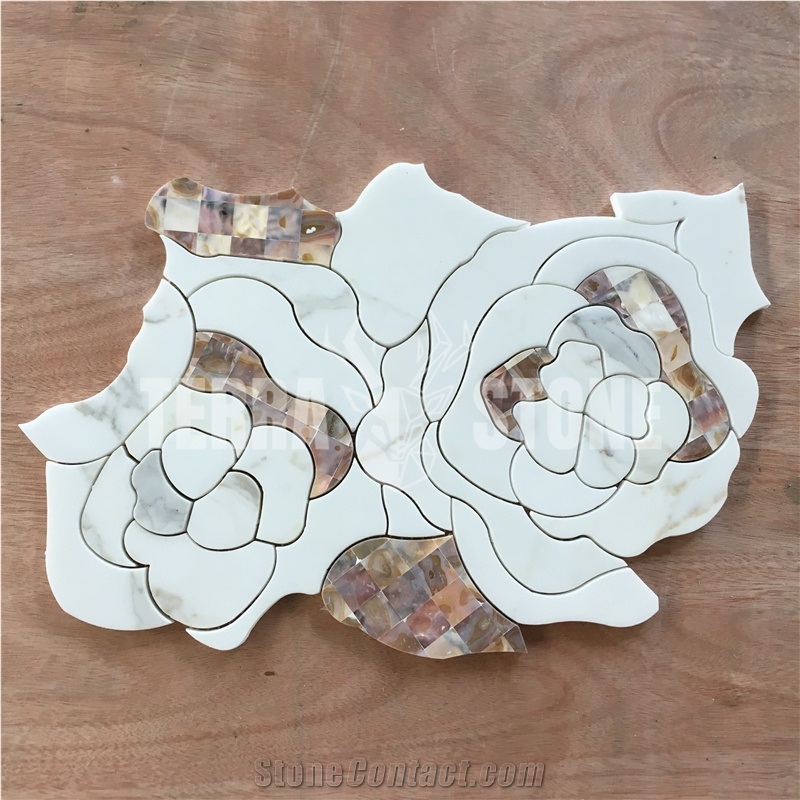 Mother Of Pearl Shell Marble Mosaic Waterjet Floral Tile