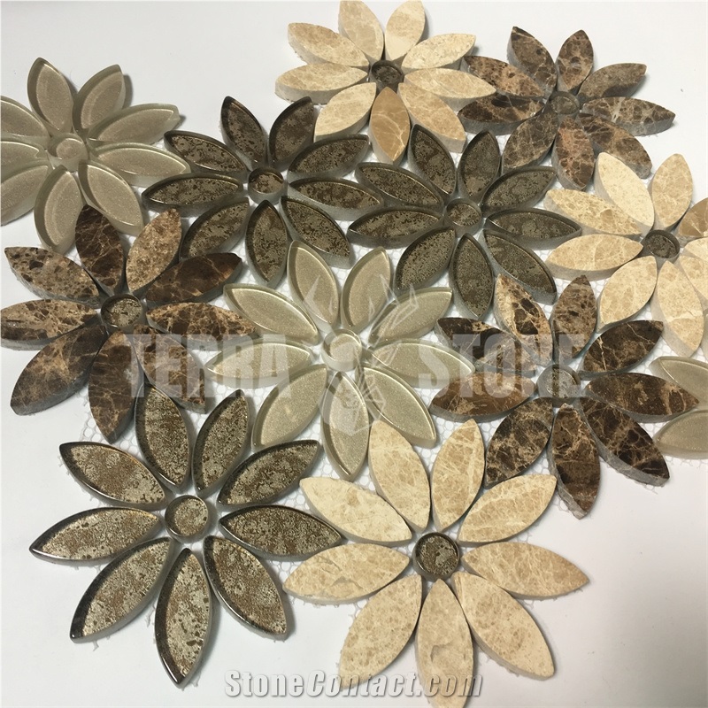 Multi Colors Daisy Waterjet Flower Marble Glass Mosaic Tile