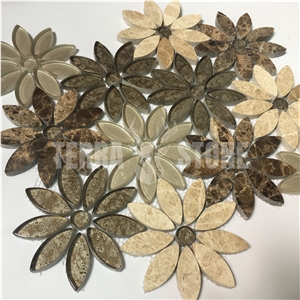 Multi Colors Daisy Waterjet Flower Marble Glass Mosaic Tile