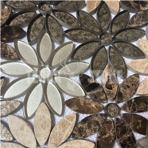 Multi Colors Daisy Waterjet Flower Marble Glass Mosaic Tile