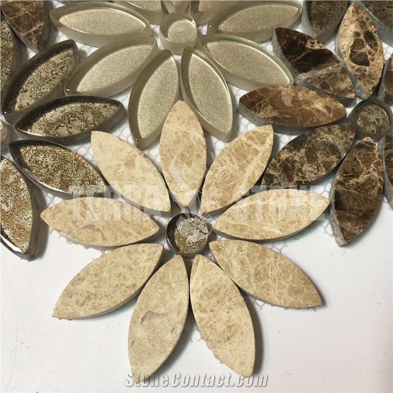 Multi Colors Daisy Waterjet Flower Marble Glass Mosaic Tile