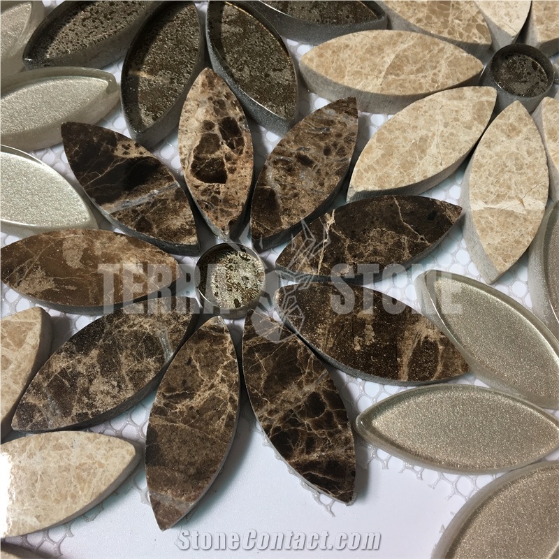Multi Colors Daisy Waterjet Flower Marble Glass Mosaic Tile