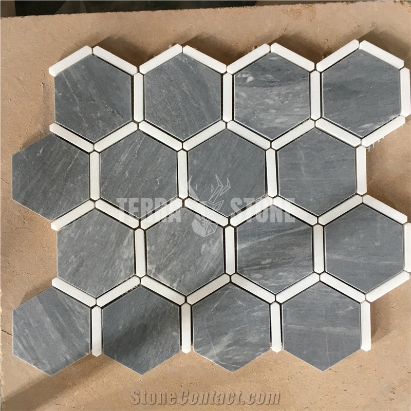 Natual Marble Mosaic Hexagonal Grey Stone Tile For Bathroom