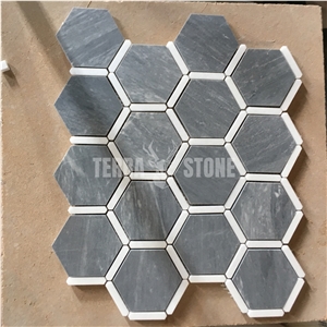 Natual Marble Mosaic Hexagonal Grey Stone Tile For Bathroom