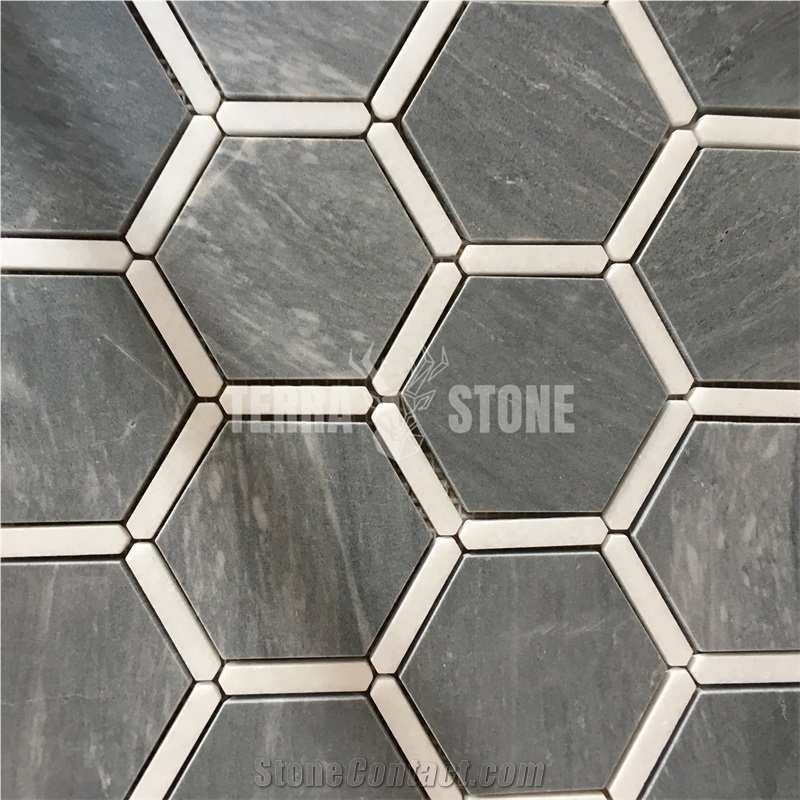 Natual Marble Mosaic Hexagonal Grey Stone Tile For Bathroom