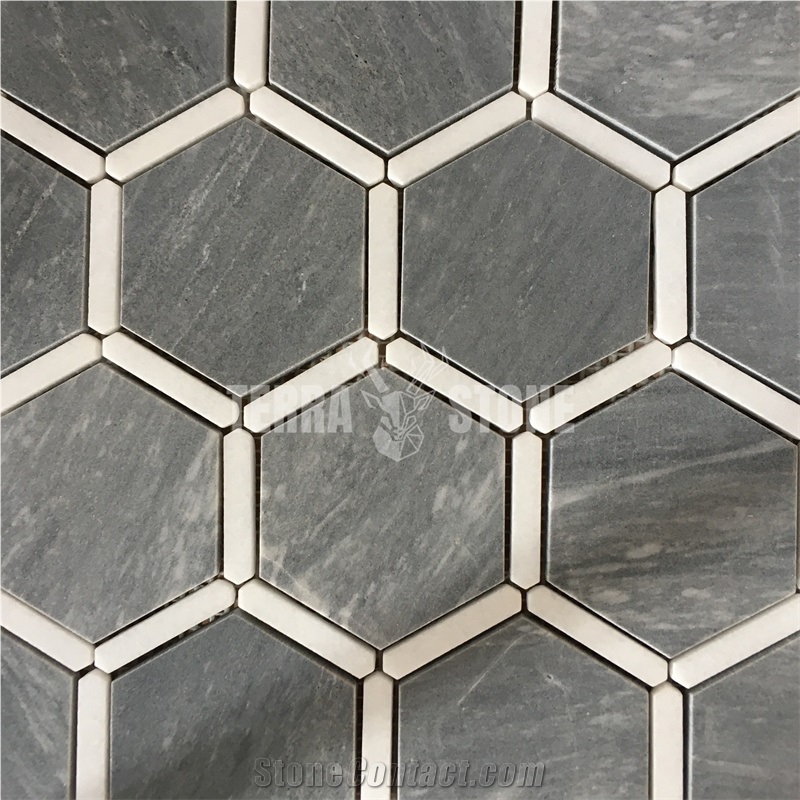 Natual Marble Mosaic Hexagonal Grey Stone Tile For Bathroom