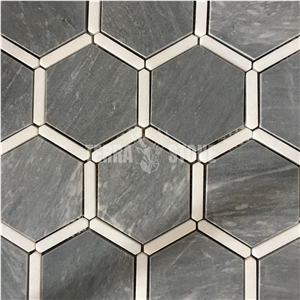 Natual Marble Mosaic Hexagonal Grey Stone Tile For Bathroom
