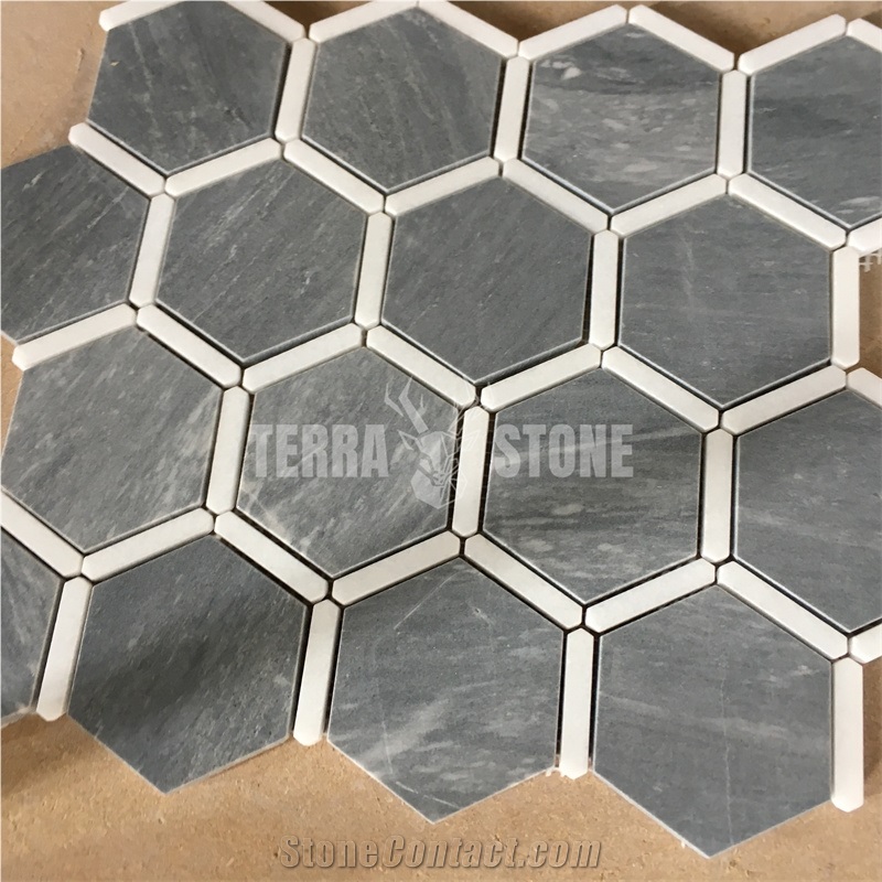Natual Marble Mosaic Hexagonal Grey Stone Tile For Bathroom