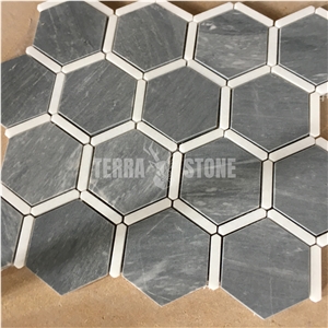 Natual Marble Mosaic Hexagonal Grey Stone Tile For Bathroom