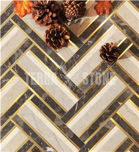 Natural Marble Mosaic With Brass Herringbone Waterjet Tile