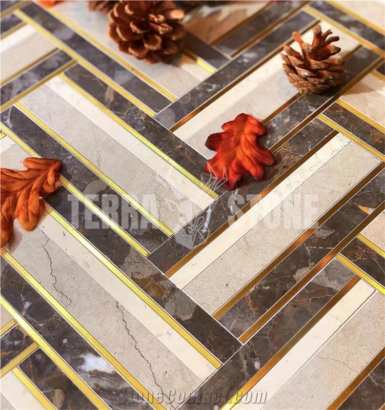 Natural Marble Mosaic With Brass Herringbone Waterjet Tile