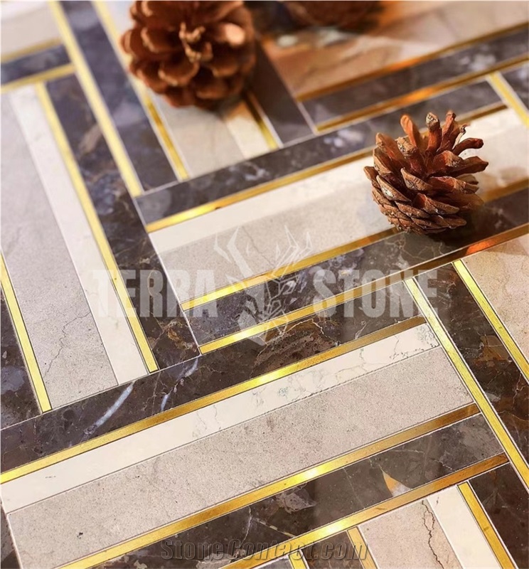 Natural Marble Mosaic With Brass Herringbone Waterjet Tile