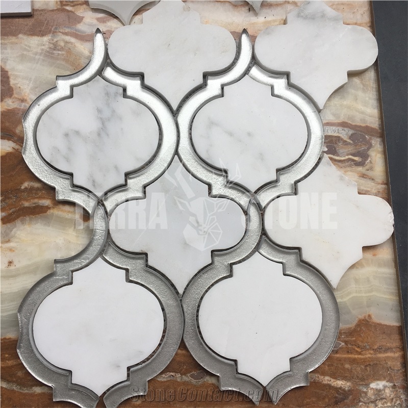 Oriental White Marble Grey Glass Waterjet Lantern Mosaic