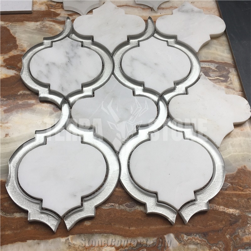 Oriental White Marble Grey Glass Waterjet Lantern Mosaic