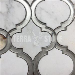 Oriental White Marble Grey Glass Waterjet Lantern Mosaic