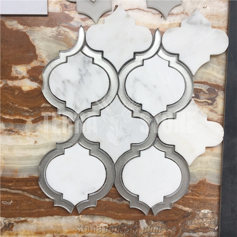 Oriental White Marble Grey Glass Waterjet Lantern Mosaic