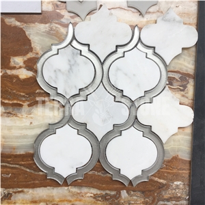 Oriental White Marble Grey Glass Waterjet Lantern Mosaic