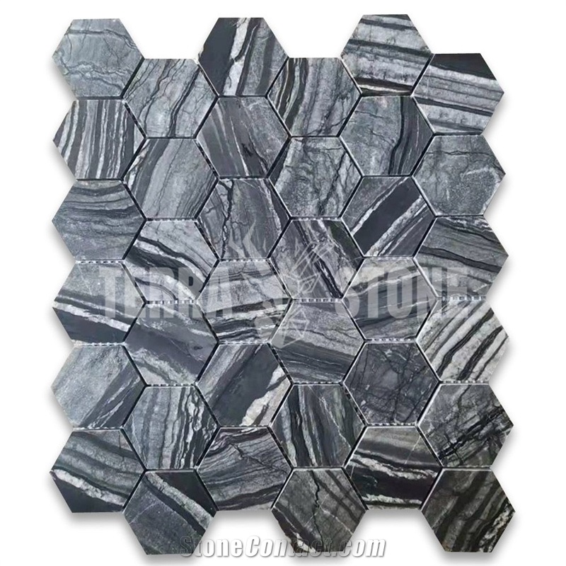 Silver Wave Black Forest Marble 2 Inch Hexagon Mosaic