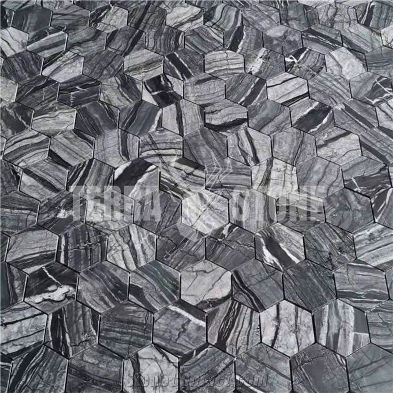 Silver Wave Black Forest Marble 2 Inch Hexagon Mosaic