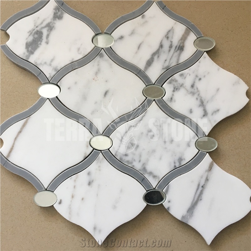 Statuario White Marble Glass Water Jet Lantern Mosaic Tile